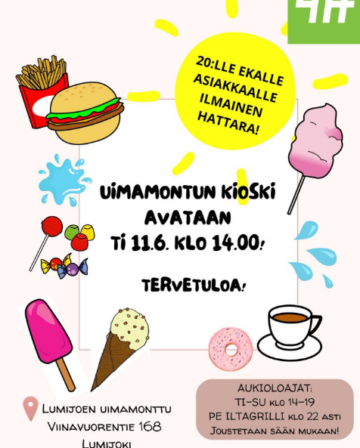 kuvassa vaaleanpunaisella pohjalla erilaisia kioskituotteita: hampurilaisia ja ranskalaisia, tikkujäätelö, jääteötuutti, hattara, kahvikupillinen, donitsi, tikkari, karamelleja. Keskellä valkoinen ilmoitus: uimamontun kioski avataan ti 11.6.2025 klo 14. tervetuloa! oikeassa yläkulmassa ilmoittajan eli lumijoen 4h-yhdistyksen vihreä neliönmallinen logo, jossa lukee 4H. vasemmalla alakulmassa teksti: lumijoen uimamonttu, viinavuorentie 168, lumijoki. Oikeassa alakulmassa ruskealla pohjalla aukoloajat: tiistaista sunnuntaihin kello 14-19. perjantaina iltagrilli kello 22 asti. joustetaan sään mukaan.